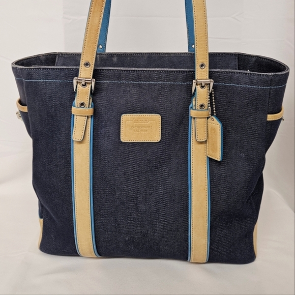 Coach Hampton Large Denim and Leather Tote Bag In Blue Denim and Tan A05Q-5193 - Picture 3 of 17